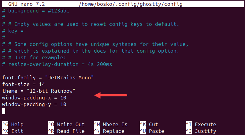 Adding changes to the Ghostty configuration file in Linux.