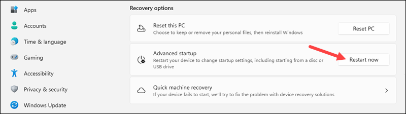 The location of the Restart now button in the Recovery options.
