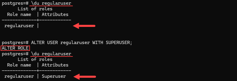 Changing a user to superuser in PostgreSQL.