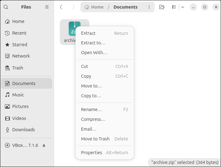Right-clicking an archive in Ubuntu.