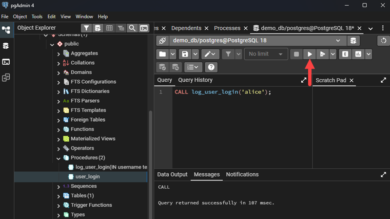 Calling a stored procedure using the Query tool in pgAdmin.