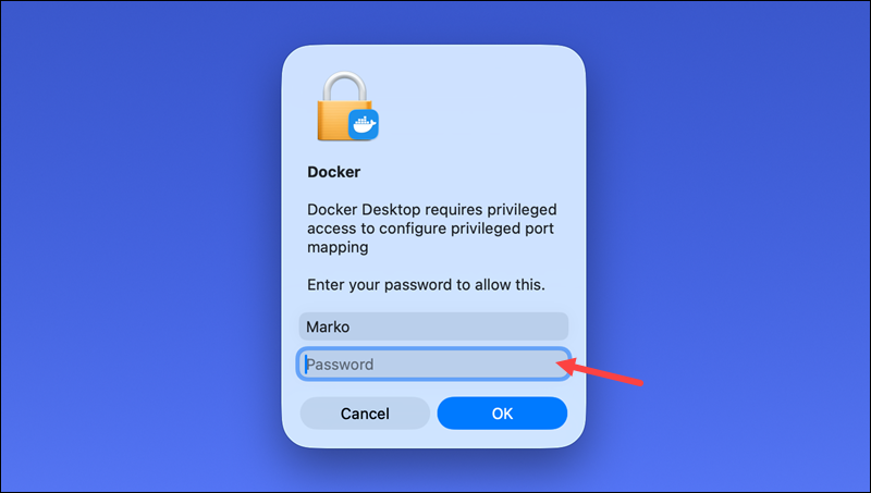 Granting system permissions for Docker in macOS.