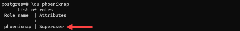 Verify new PostgreSQL superuser role creation.