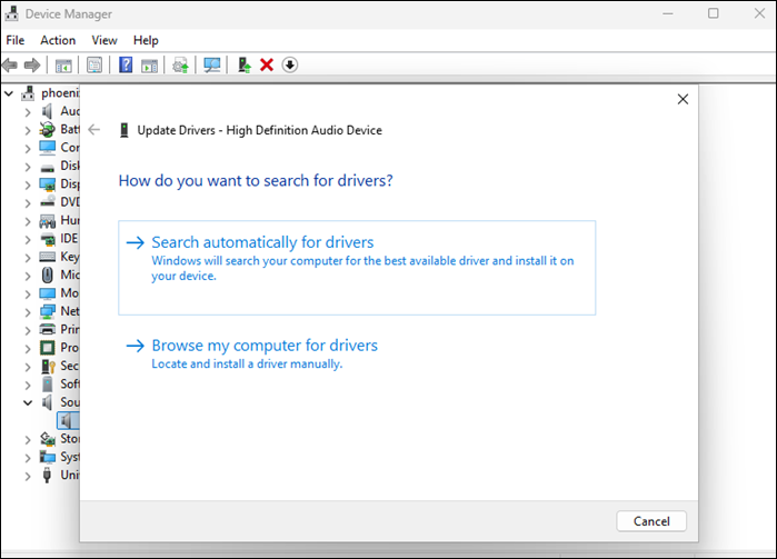 The Update Drivers dialogue in Device Manager.