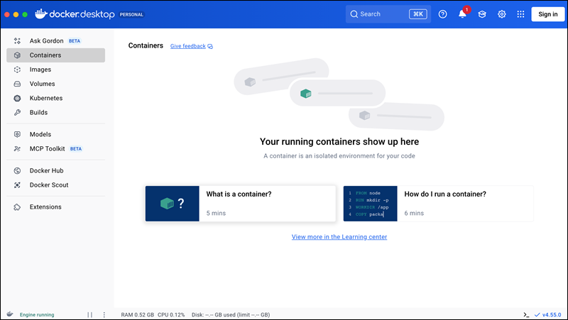 The Docker Desktop home screen.