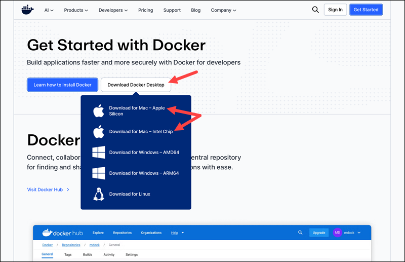 Downloading the Docker Desktop DMG file appropriate for the architecture on the official Docker website.
