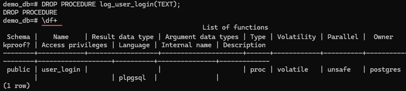 Listing existing functions (stored procedures).