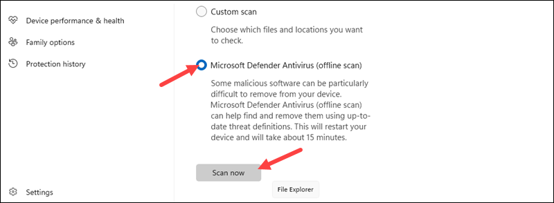 Starting a Microsoft Defender Antivirus offline scan.