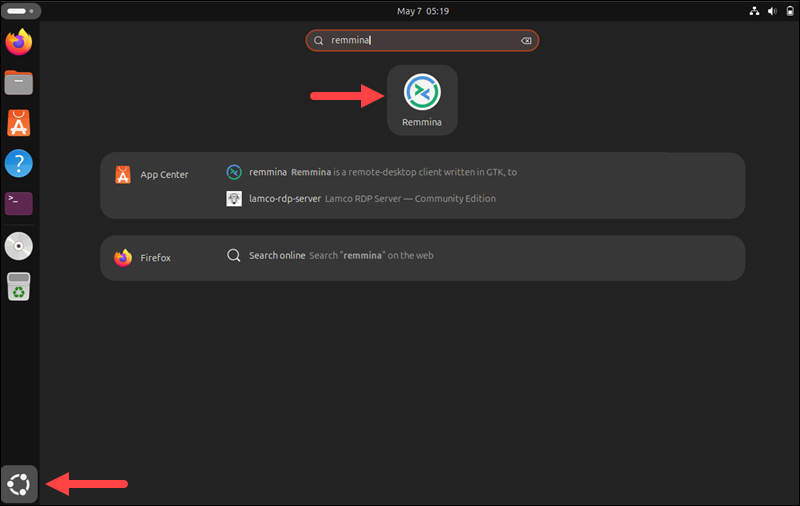 Launching Remmina app from Ubuntu desktop.