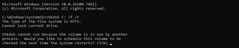 Scanning the system with the chkdsk command.