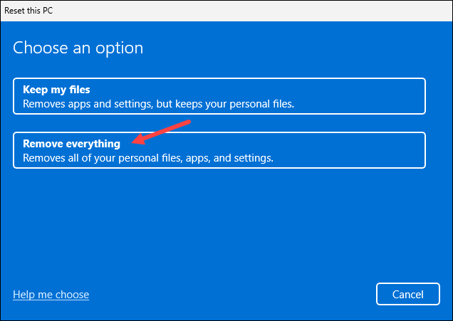 The location of the Remove everything option that removes files and creates a clean Windows installation.