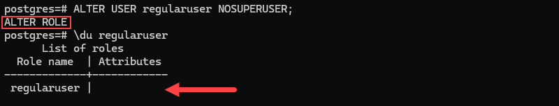 Revoking the superuser attribute from a user in PostgreSQL.