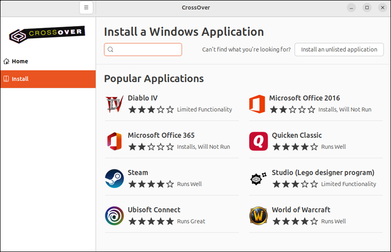 Running CrossOver on Linux Ubuntu.