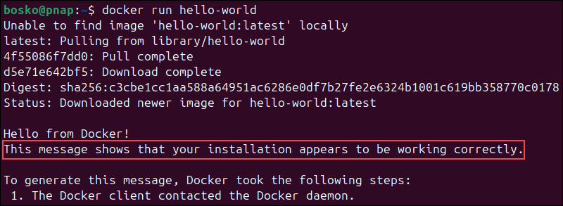 Verifying Docker installation with hello-world container.