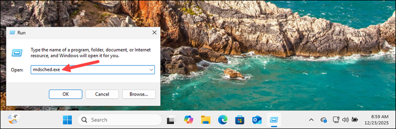 Running mdsched.exe in the Windows Run dialogue.