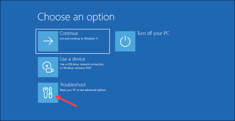 The location of the Troubleshoot tile in the Startup options.