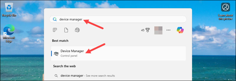 Searching for and opening Device Manager.