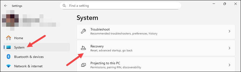 Accessing the Recovery section in Windows Settings.
