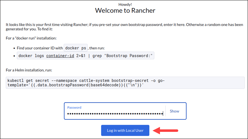 Signing in to rancher using the Bootstrap password.