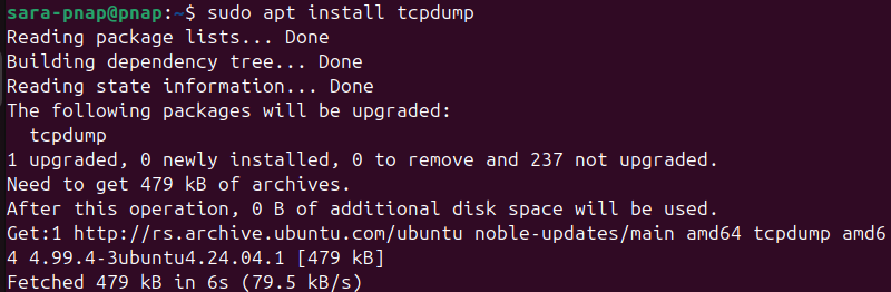 sudo apt install tcpdump terminal output
