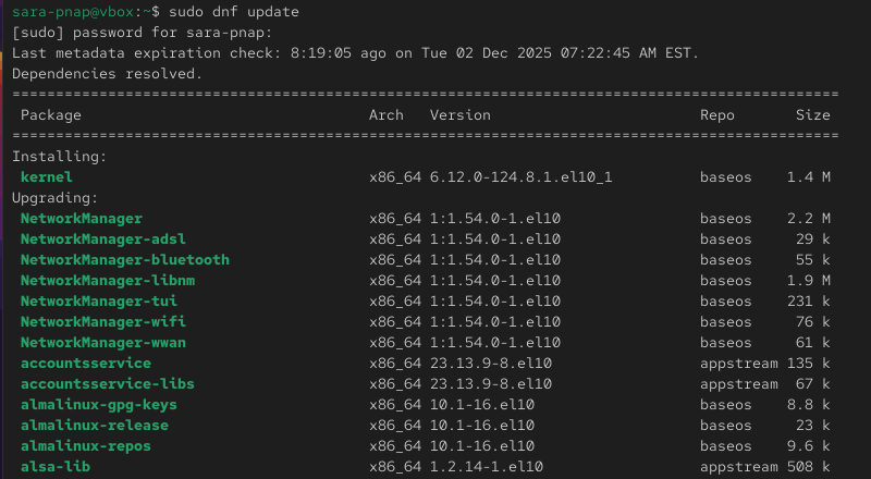 sudo dnf update terminal output