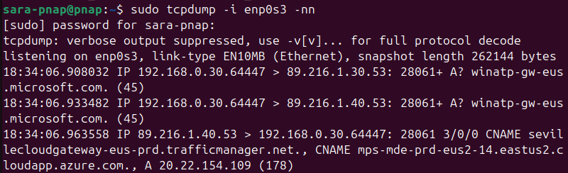 sudo tcpdump -i enp0s3 -nn terminal output