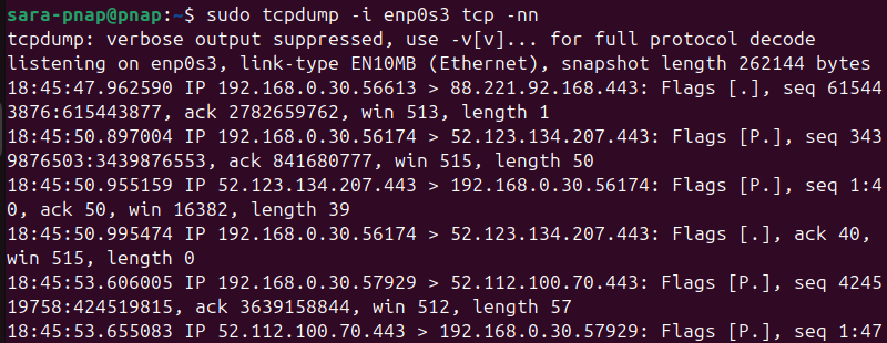 sudo tcpdump -i enp0s3 tcp -nn terminal output