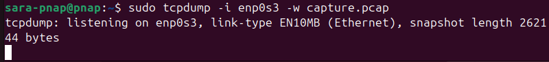 sudo tcpdump -i enp0s3 -w capture.pcap terminal output