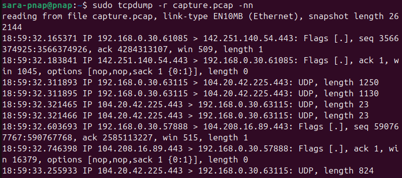 sudo tcpdump -r capture.pcap -nn terminal output