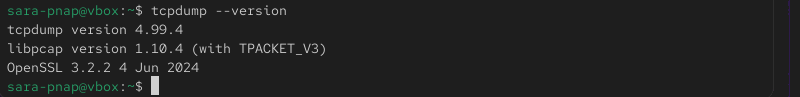 tcpdump --version on AlmaLinux terminal output