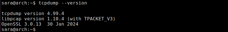 tcpdump --version terminal output for Arch