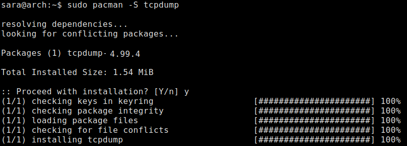 terminal output for sudo pacman -S tcpdump