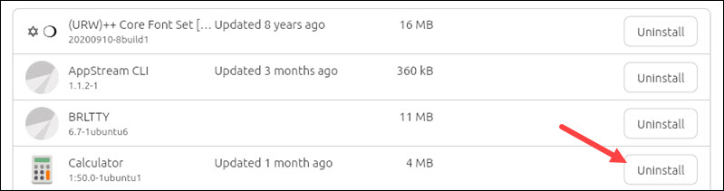 Uninstalling an app in the Ubuntu Software Center.