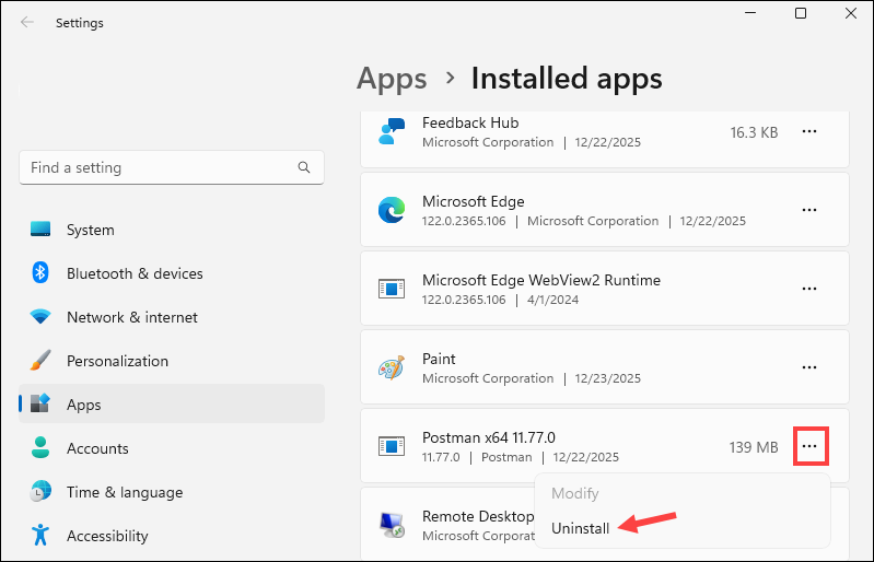 Option to uninstall Postman in Windows.