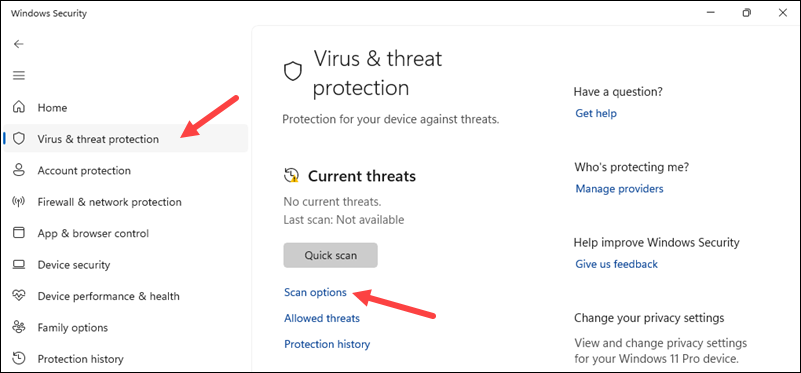 Virus and Threat protection section and the location of the Scan options.
