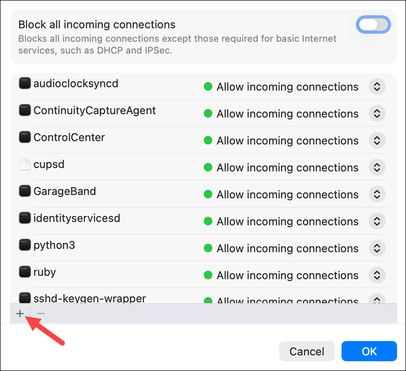 Adding a new application for port 443 in macOS.