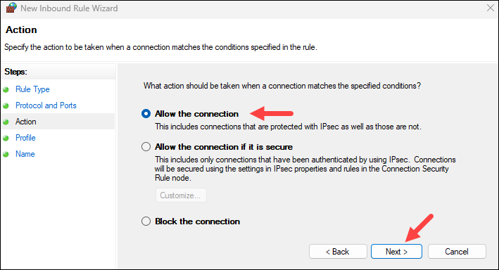 Allowing connection on port 443.