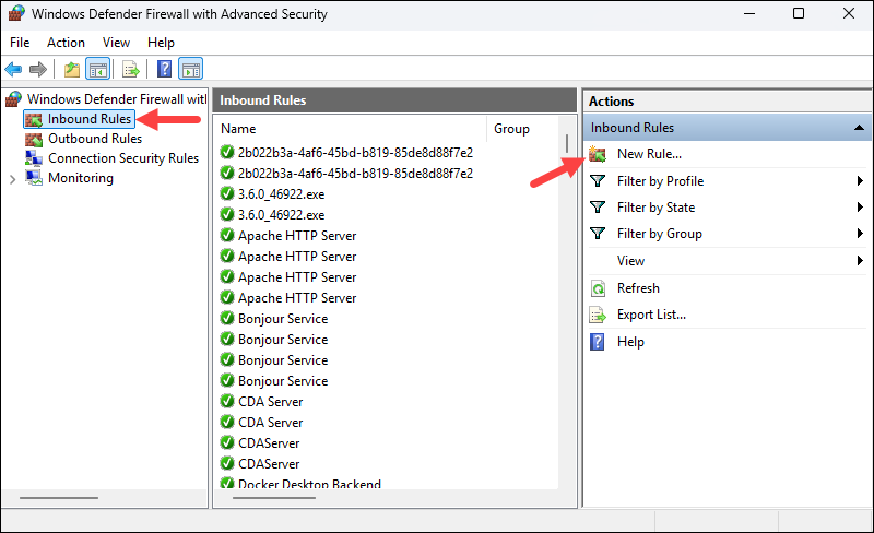 Creating a new inbound rule in Windows.