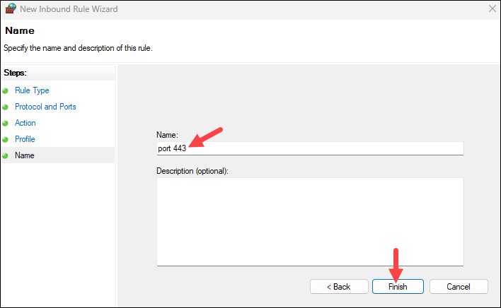 Naming a new inbound rule.