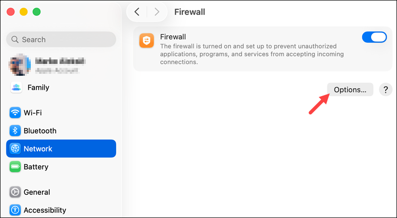 Firewall options in macOS.