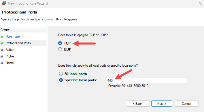 Specifying port 443 in inbound rule creation.
