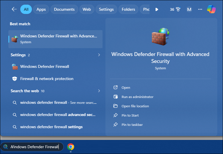 Opening Windows defender firewall.