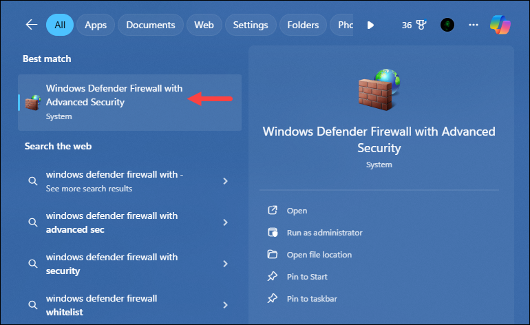 Opening Windows defender firewall with advanced security.