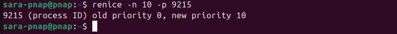 renice -n 10 -p 9215 terminal output