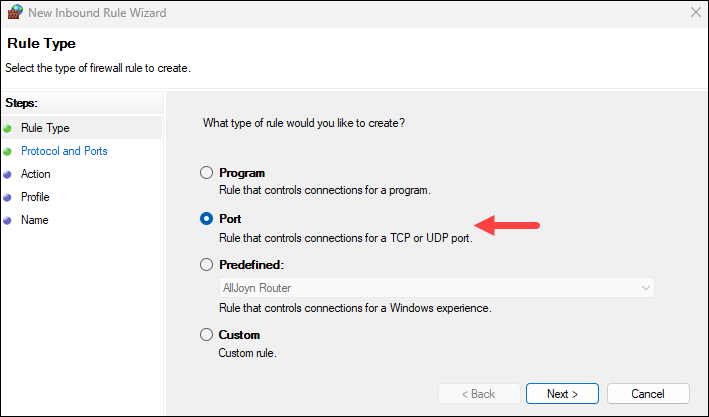 Selecting port as inbound rule type.
