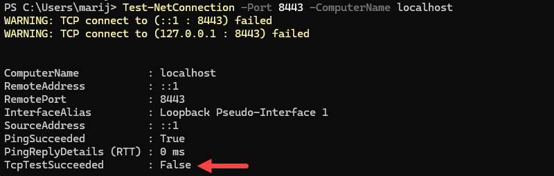 Checking port 8443 connection.
