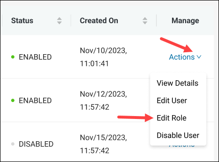 The location of the Edit Role item in the Actions menu.