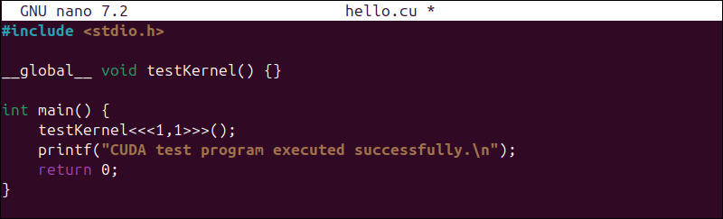 Create hello.cu file in Nano terminal output