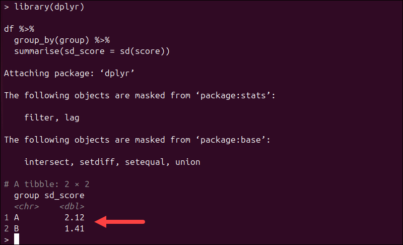 Finding grouped standard deviation in R with dplyr.