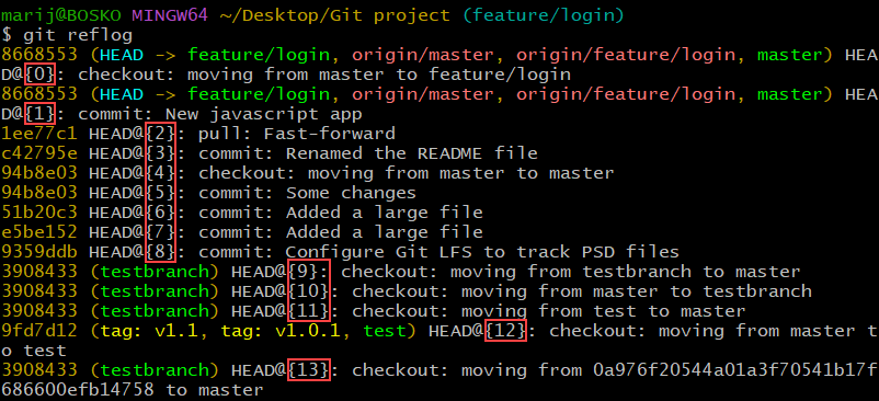 git reflog command output.